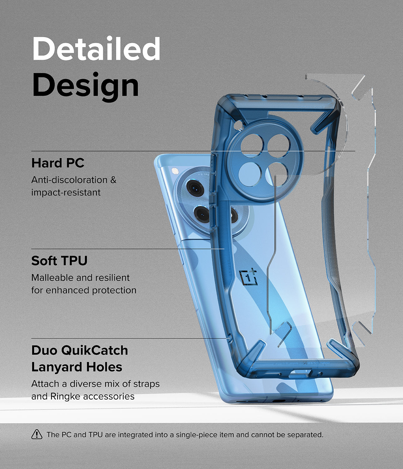 OnePlus 12R Case | Fusion-X Space Blue - Detailed Design. Anti-discoloration and impact resistant with Hard PC. Malleable and resilient for enhanced protection with Soft TPU. Duo QuikCatch Lanyard Holes to attach a diverse mix of straps and Ringke accessories.