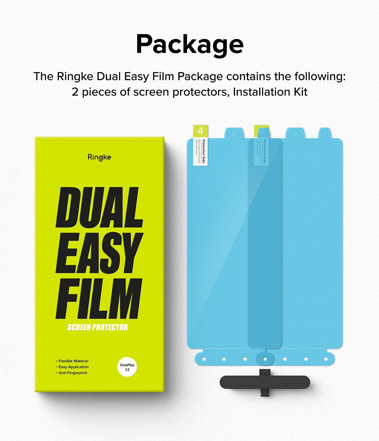 OnePlus 12 Screen Protector | Dual Easy Film [2 Pack]  - Package. The Ringke Dual Easy Film Package contains the following: 2 pieces of screen protectors, Installation Kit