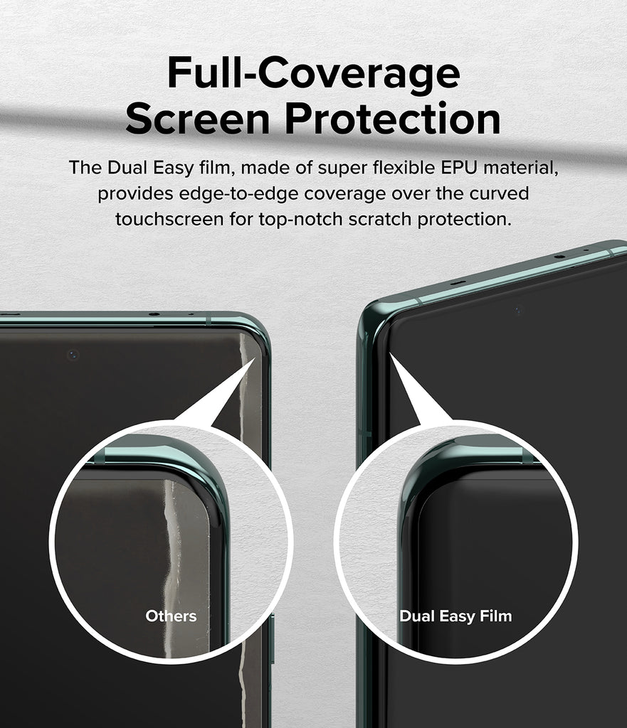 OnePlus 12 Screen Protector | Dual Easy Film [2 Pack] - Full-Coverage Screen Protection. The Dual Easy Film, made of super flexible EPU material, provides edge-to-edge coverage over the curved  touchscreen for top-notch scratch protection.