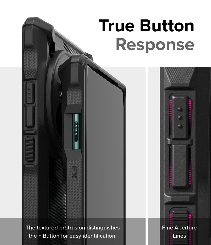 OnePlus 12 Case | Fusion-X - True Button Response. The textured protrusion distinguishes the + button for easy identification. Fine Aperture Lines.