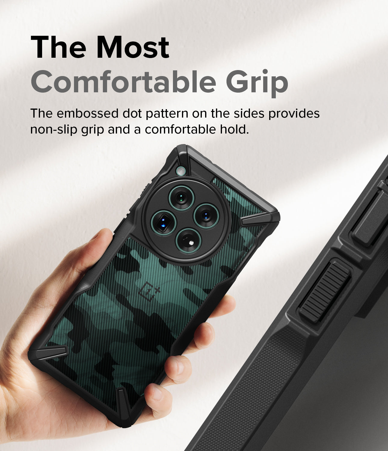 OnePlus 12 Case | Fusion-X - The Most Comfortable Grip. The embossed dot pattern on the sides provides non-slip grip and a comfortable hold.