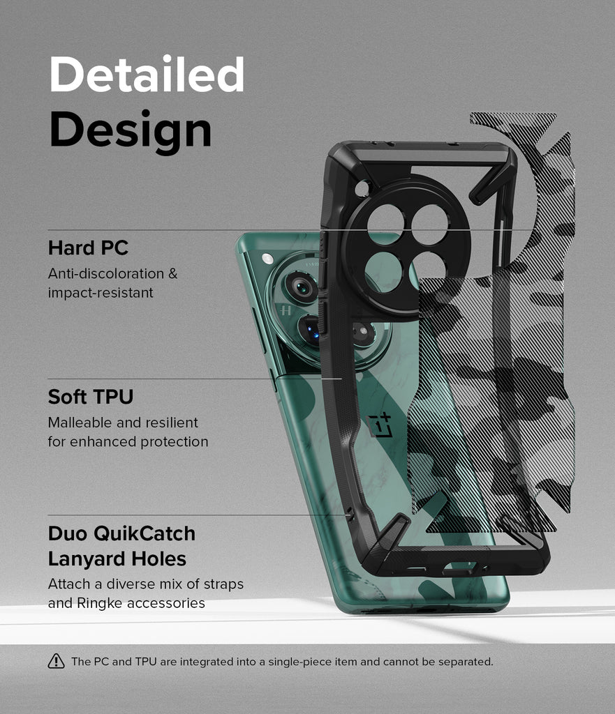 OnePlus 12 Case | Fusion-X - Detailed Design. Hard PC. Anti-discoloration and impact-resistant. Soft TPU. Malleable and resilient for enhanced protection. Duo QuikCatch Lanyard Holes. Attach a diverse mix of straps and Ringke accessories.