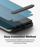 [Bundle] OnePlus 13 | Fusion-X Magnetic - OnePlus 13 | Fusion-X Magnetic - Diagram showing a screen protector being aligned onto a phone using a plastic guide tool.