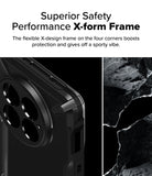[Bundle] OnePlus 13 | Fusion-X - Close-up of a black phone case with a reinforced X-form corner design next to a textured rock background.