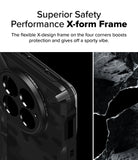 [Bundle] OnePlus 13 | Fusion-X - Close-up of a black phone case with a reinforced X-shaped corner design next to a rocky texture.