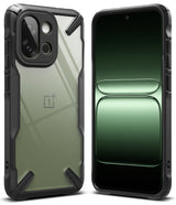 OnePlus 13S Case | Fusion-X - Rugged black protective case with a clear back panel showing the OnePlus logo on a smartphone.