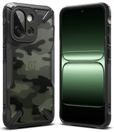 OnePlus 13S Case | Fusion-X - Rugged black camouflage phone case shown from back and front with a green gradient screen display.