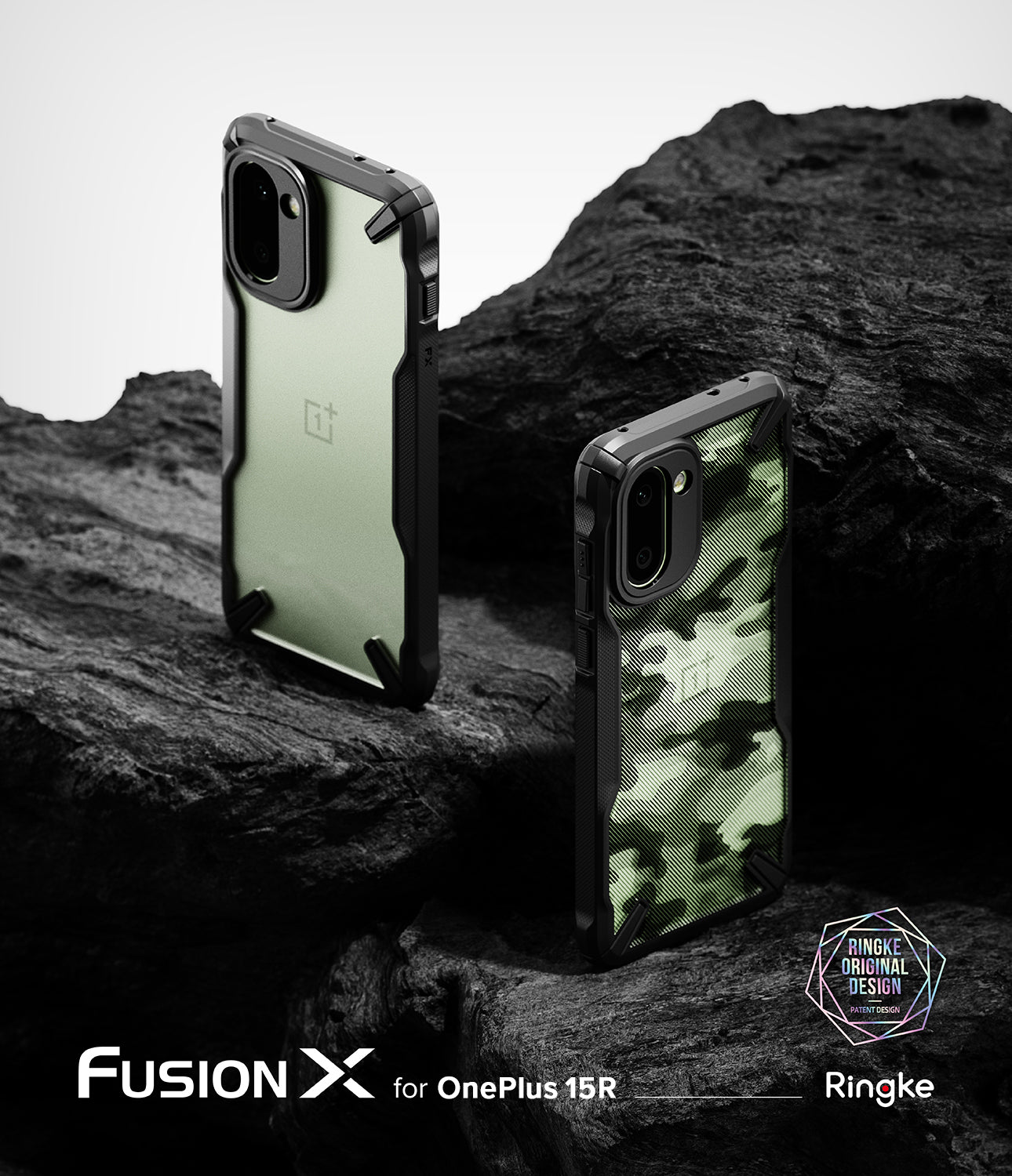 Ringke Fusion-X for OnePlus 15R case - Two phone cases, one transparent and one camouflage, on a rocky surface.