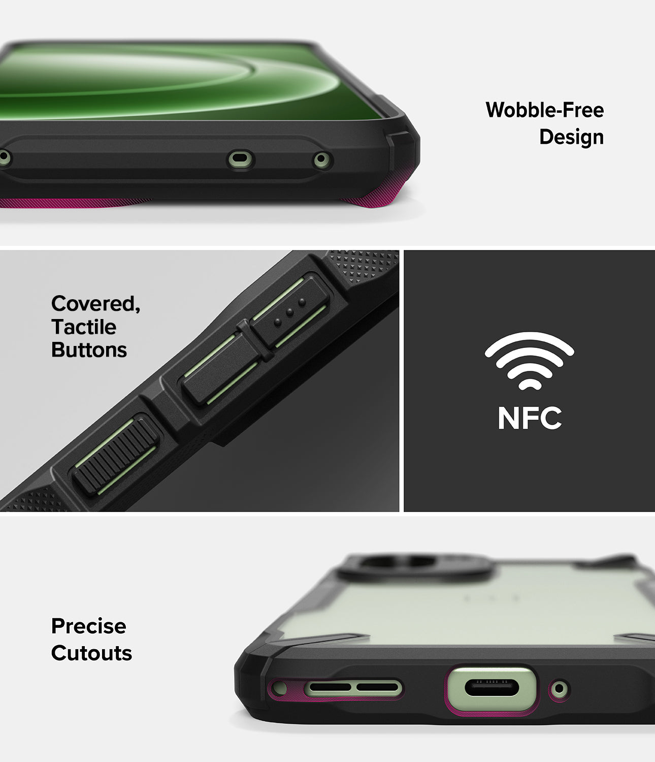 Ringke Fusion-X for OnePlus 15R case with features labeled including wobble-free design, covered tactile buttons, NFC, and precise cutouts.