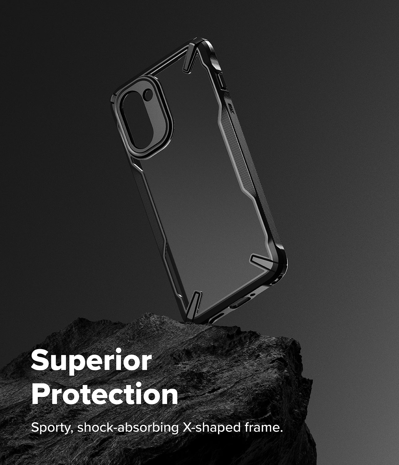 Ringke Fusion-X for OnePlus 15R case with X-shaped frame on a dark background, emphasizing superior protection.
