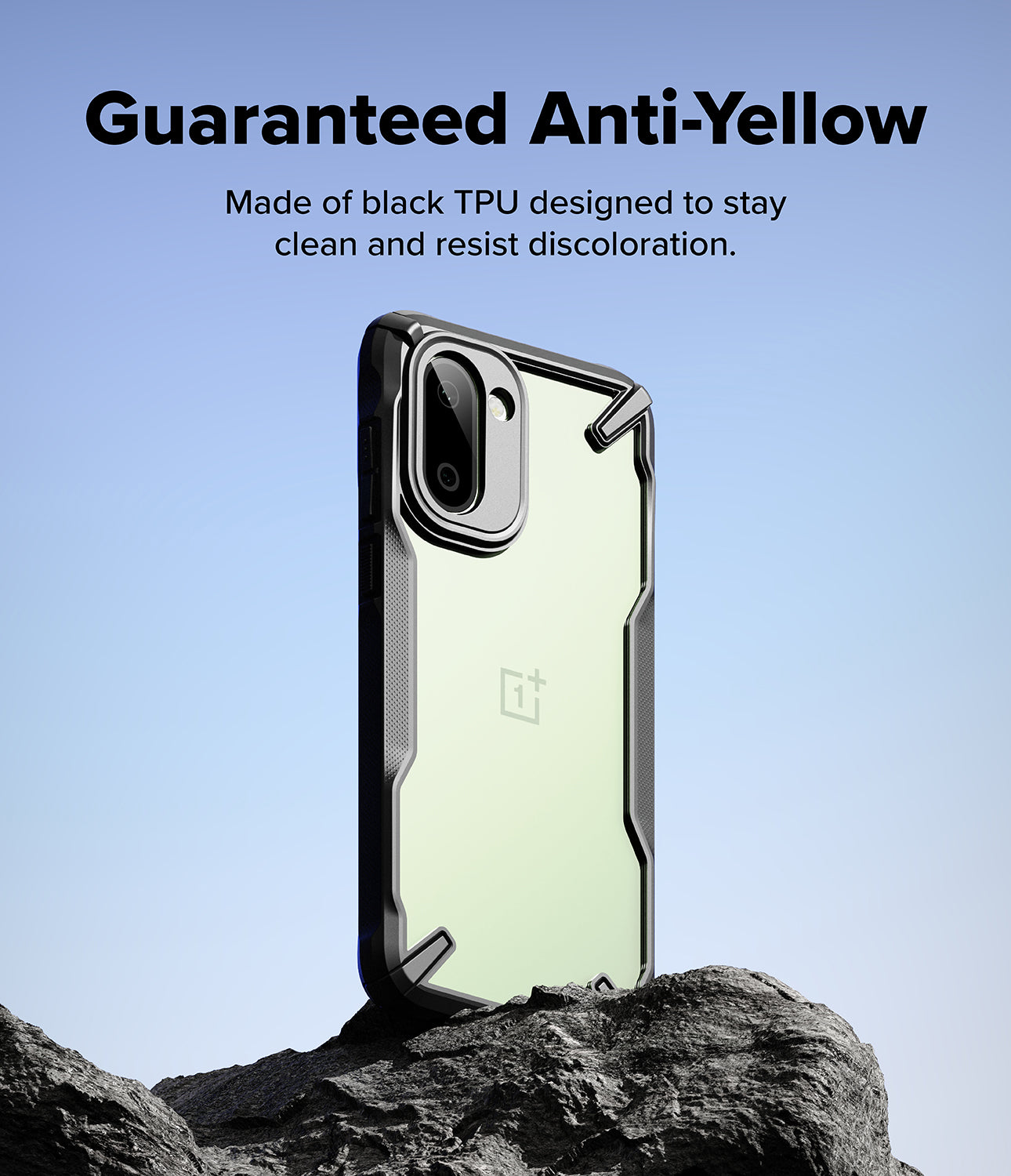 Ringke Fusion-X for OnePlus 15R case with anti-yellow feature on a rock against a blue sky
