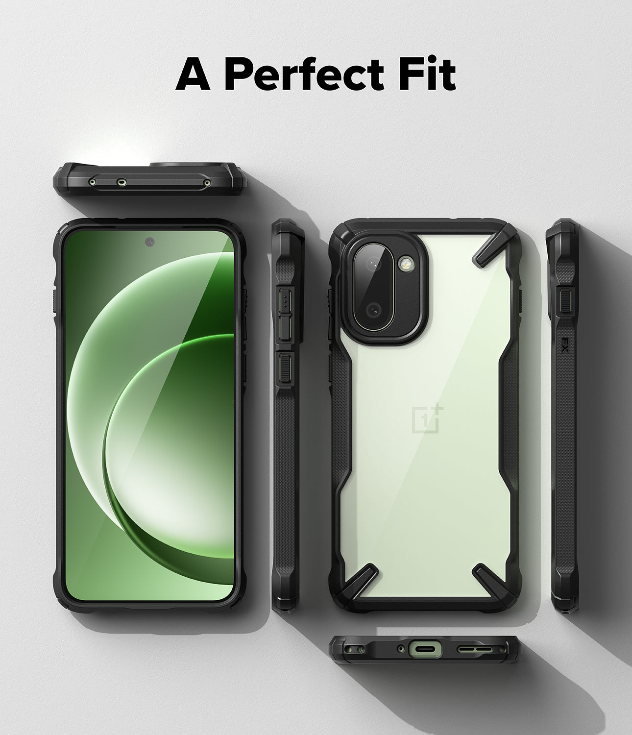 Ringke Fusion-X for OnePlus 15R case with smartphone on a light gray background