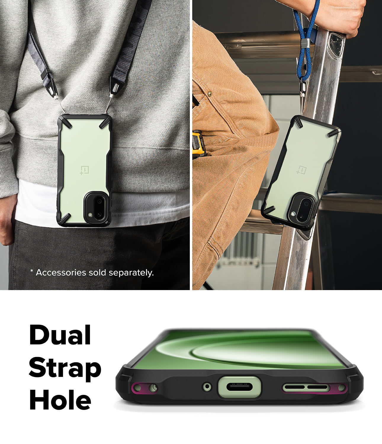 Ringke Fusion-X for OnePlus 15R case with dual strap hole feature shown on a person, ladder, and close-up of phone case.