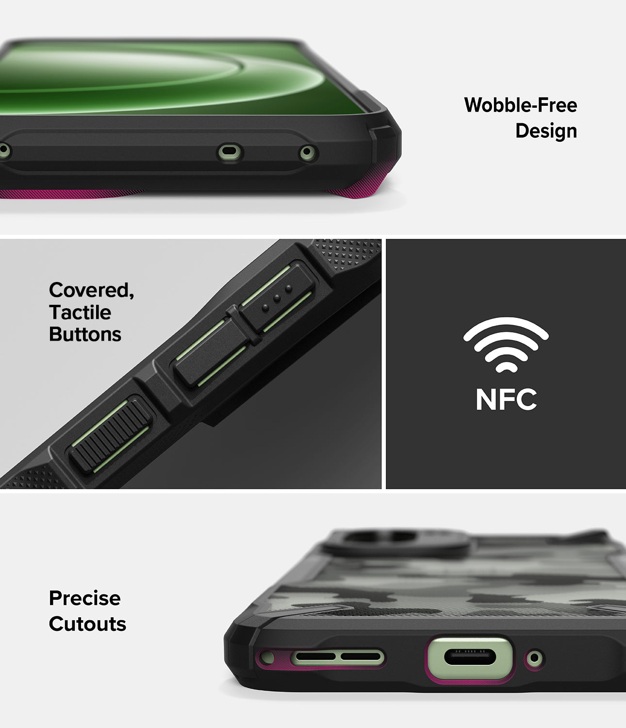 Ringke Fusion-X for OnePlus 15R case with features labeled including wobble-free design, covered tactile buttons, NFC, and precise cutouts.