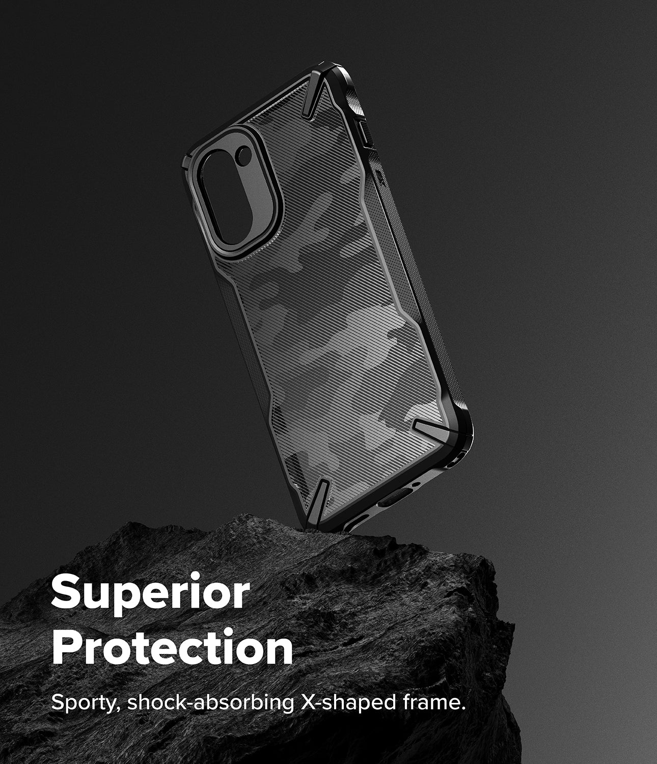 Ringke Fusion-X for OnePlus 15R case with X-shaped frame on a dark background, emphasizing superior protection.