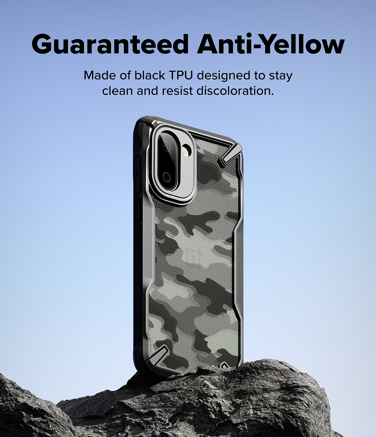 Ringke Fusion-X for OnePlus 15R case with anti-yellow feature on a rock against a blue sky