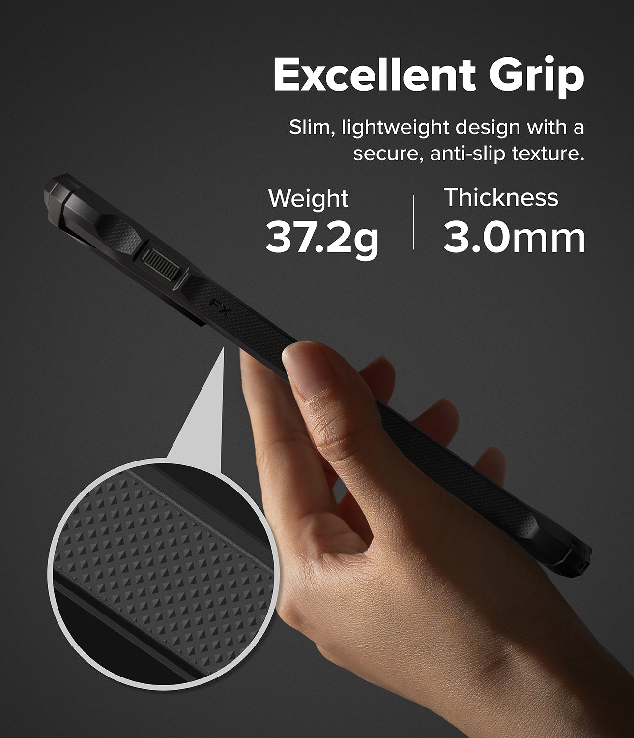 Ringke Fusion-X for OnePlus 15R case - Hand holding a black phone case with text about its grip, weight, and thickness on a dark background.