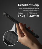 Ringke Fusion-X for OnePlus 15R case - Hand holding a black phone case with text about its grip, weight, and thickness on a dark background.