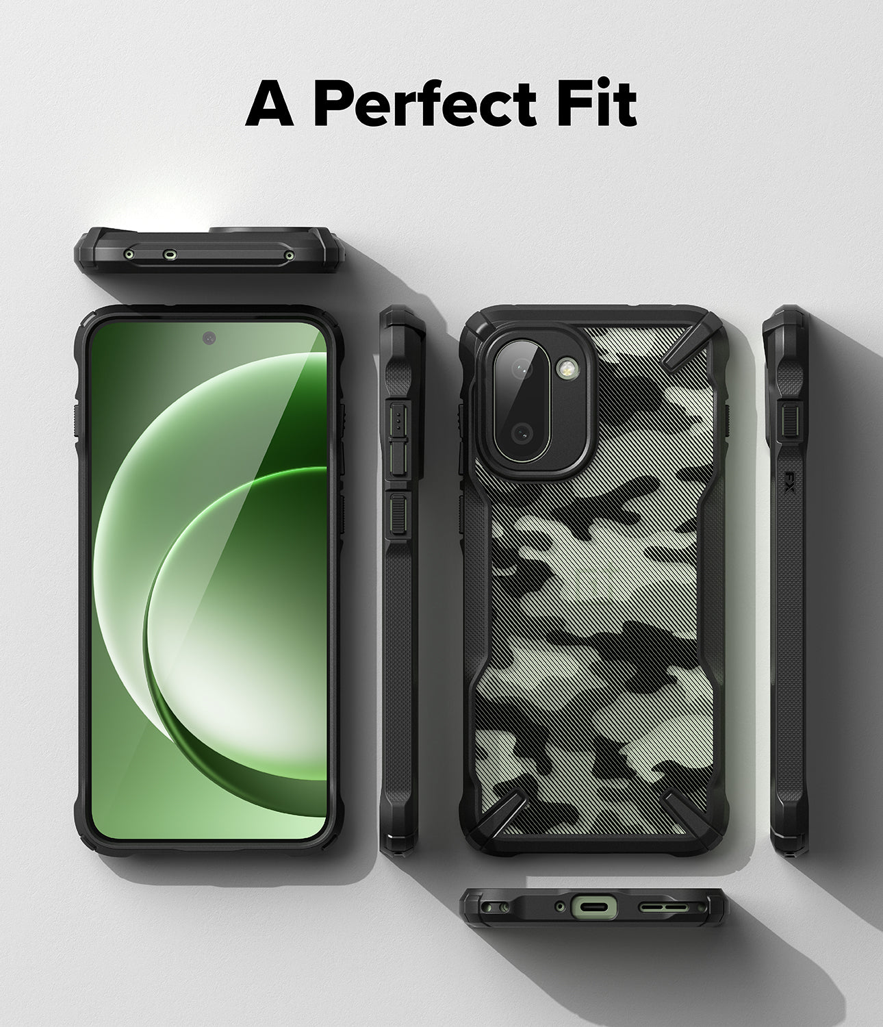 Ringke Fusion-X for OnePlus 15R case with smartphone on a light gray background