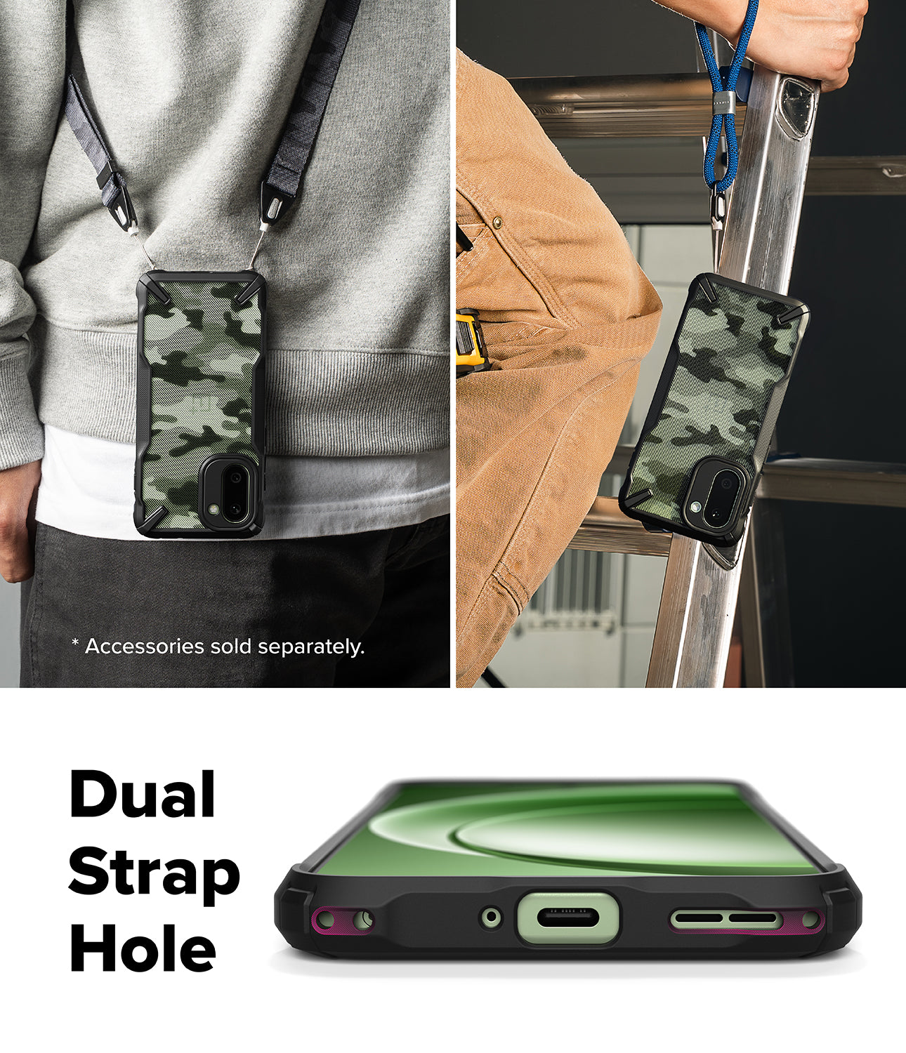 Ringke Fusion-X for OnePlus 15R case with dual strap hole feature shown on a person, ladder, and close-up of phone case.