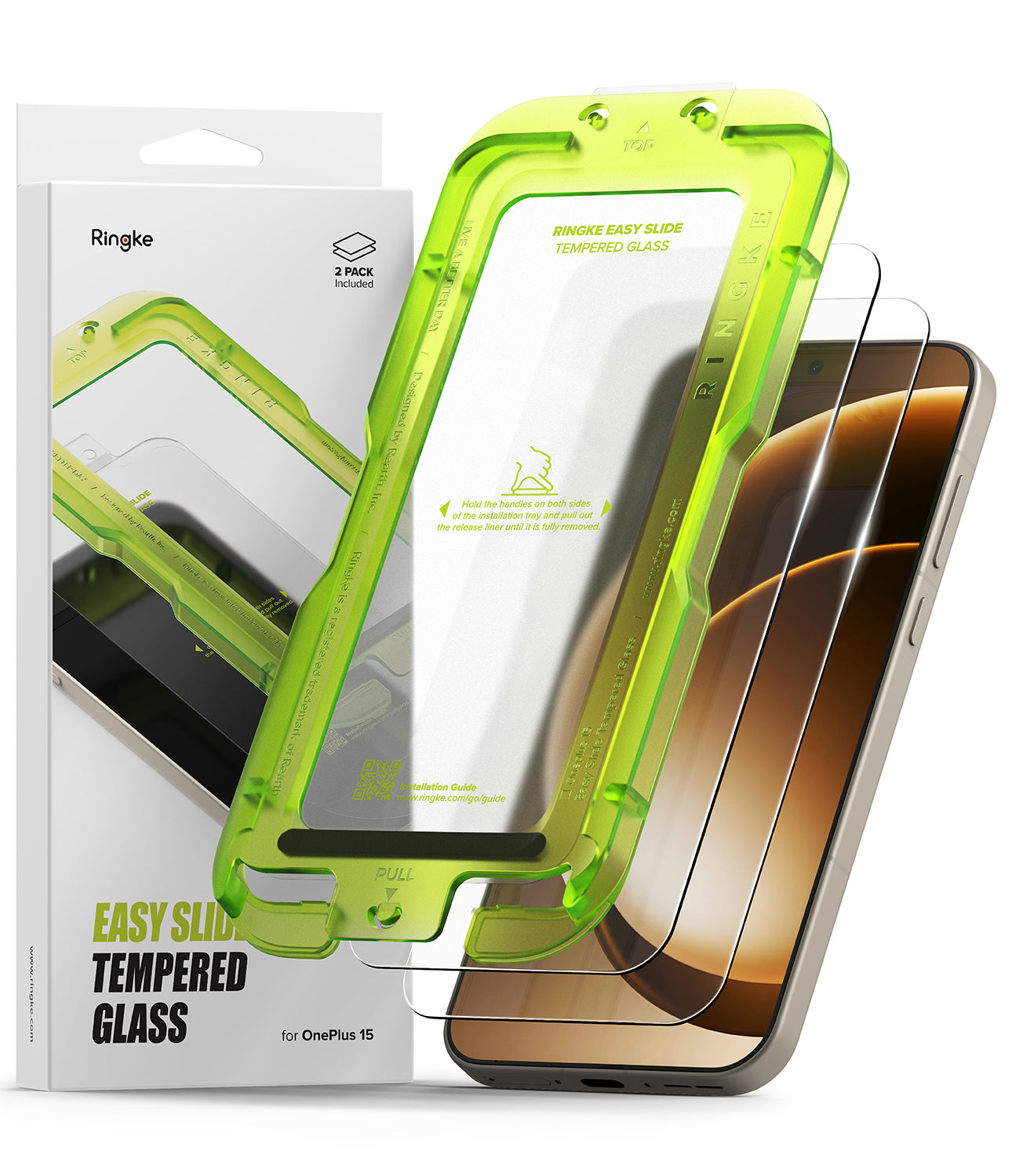 OnePlus 15 Screen Protector | Easy Slide Tempered Glass (2P) - OnePlus 15 Screen Protector - Two tempered glass protectors with a neon green easy-installation alignment tray and box.