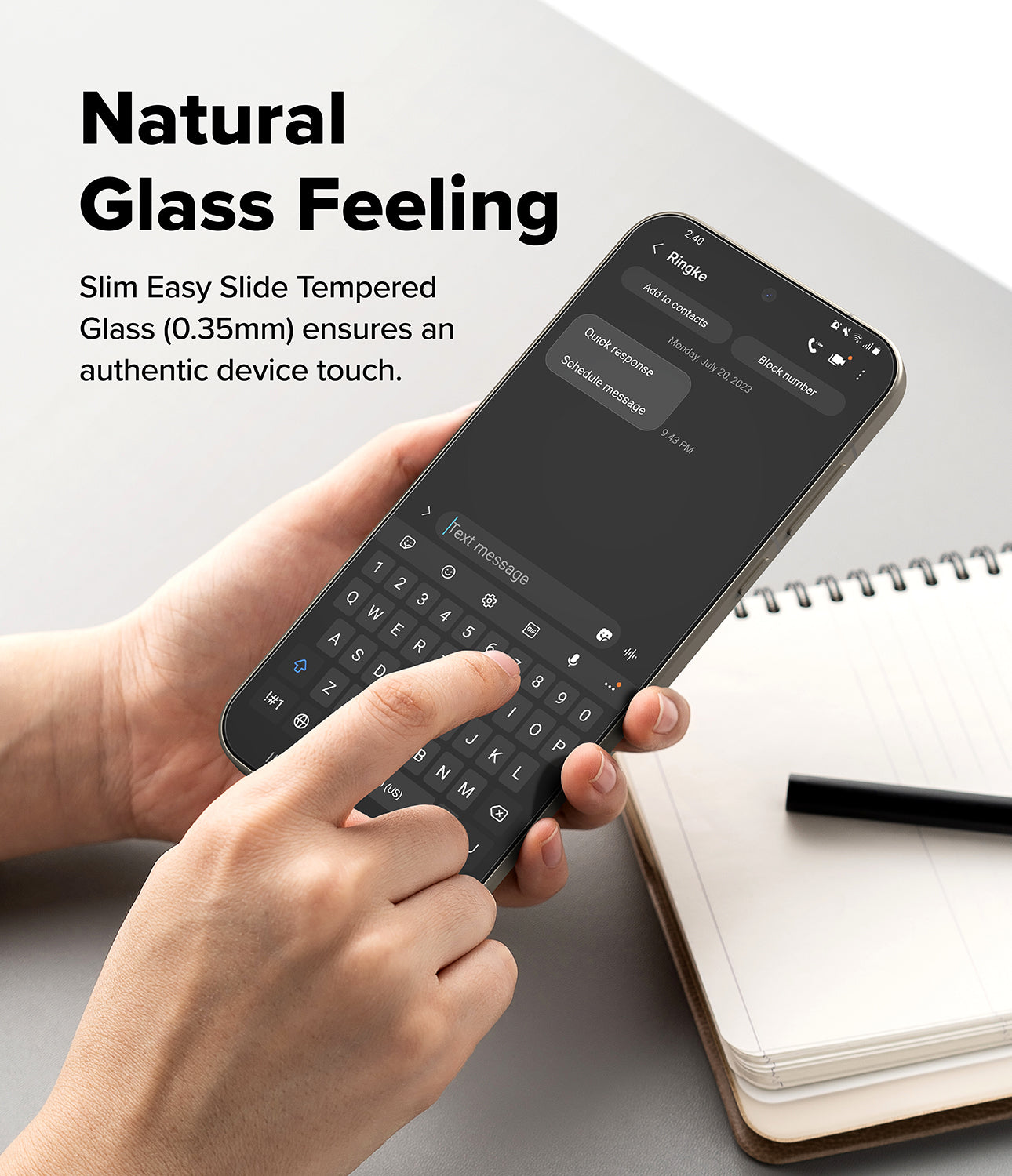 Ringke Easy Slide Tempered Glass for OnePlus 15 Screen Protector. Text reads “Natural Glass Feeling”