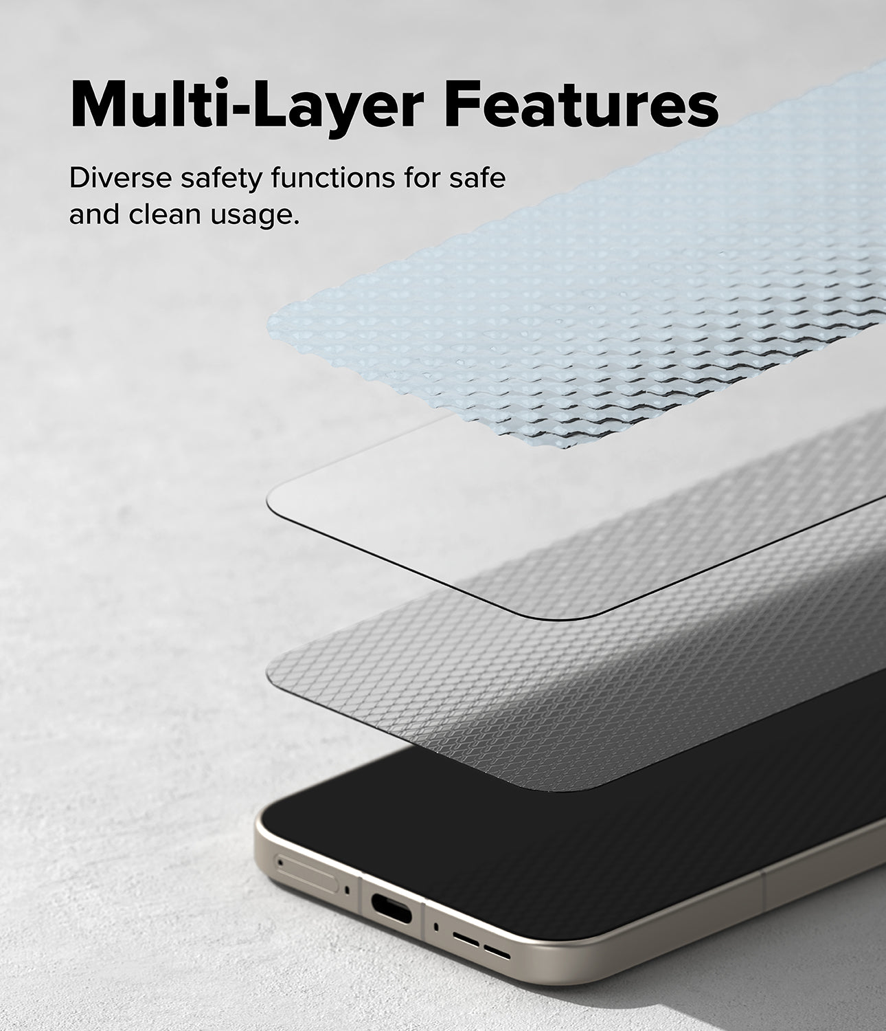 Ringke Easy Slide Tempered Glass for OnePlus 15 Screen Protector. Text reads “Multi-Layer Features”