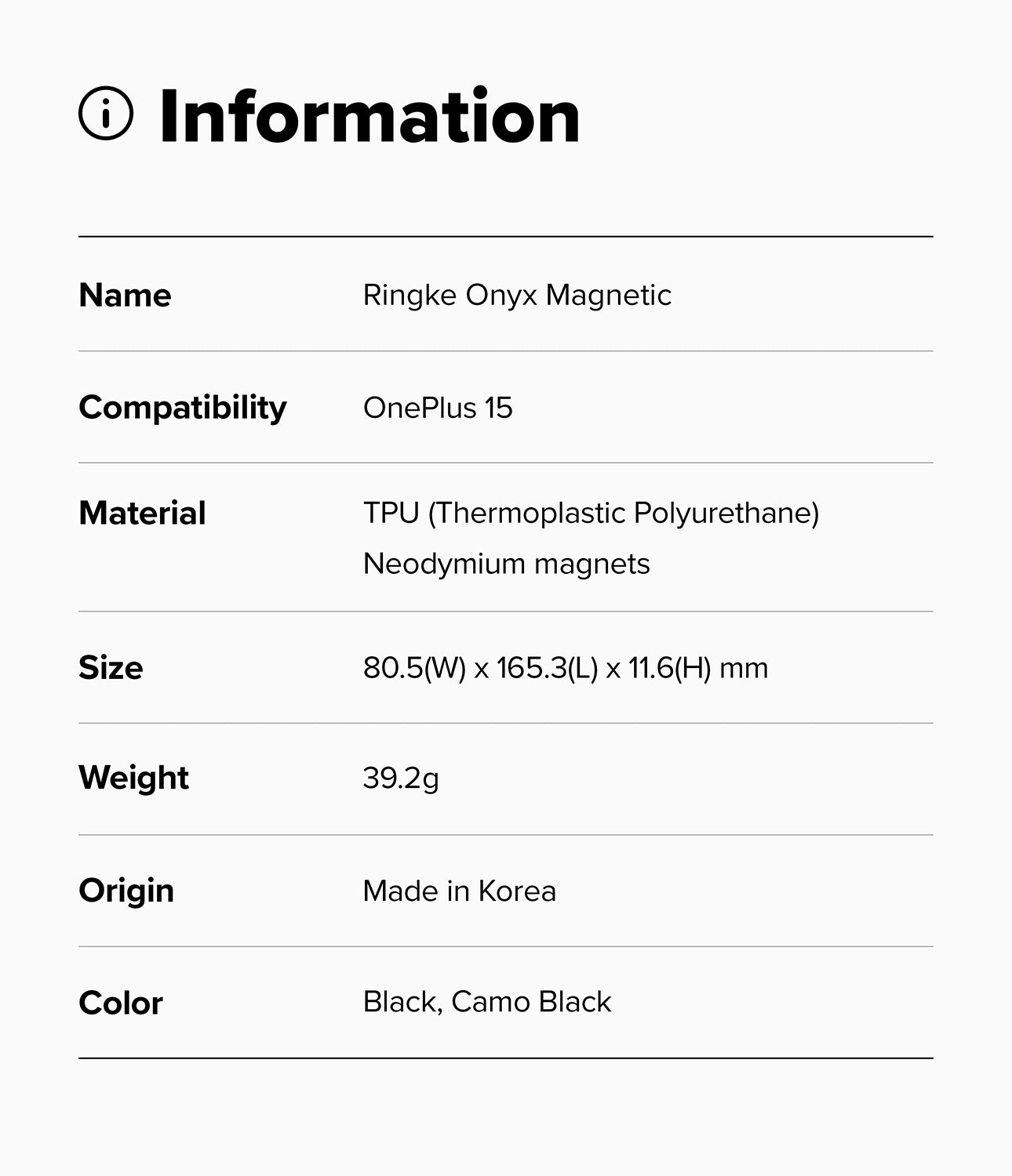 Product information card for Ringke Onyx Magnetic case for OnePlus15 with specifications.