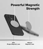 OnePlus 15 Onyx Magnetic Black Case hanging on a Magnetic Pop Socket Charger while another case falls, displaying powerful magnetic strength.