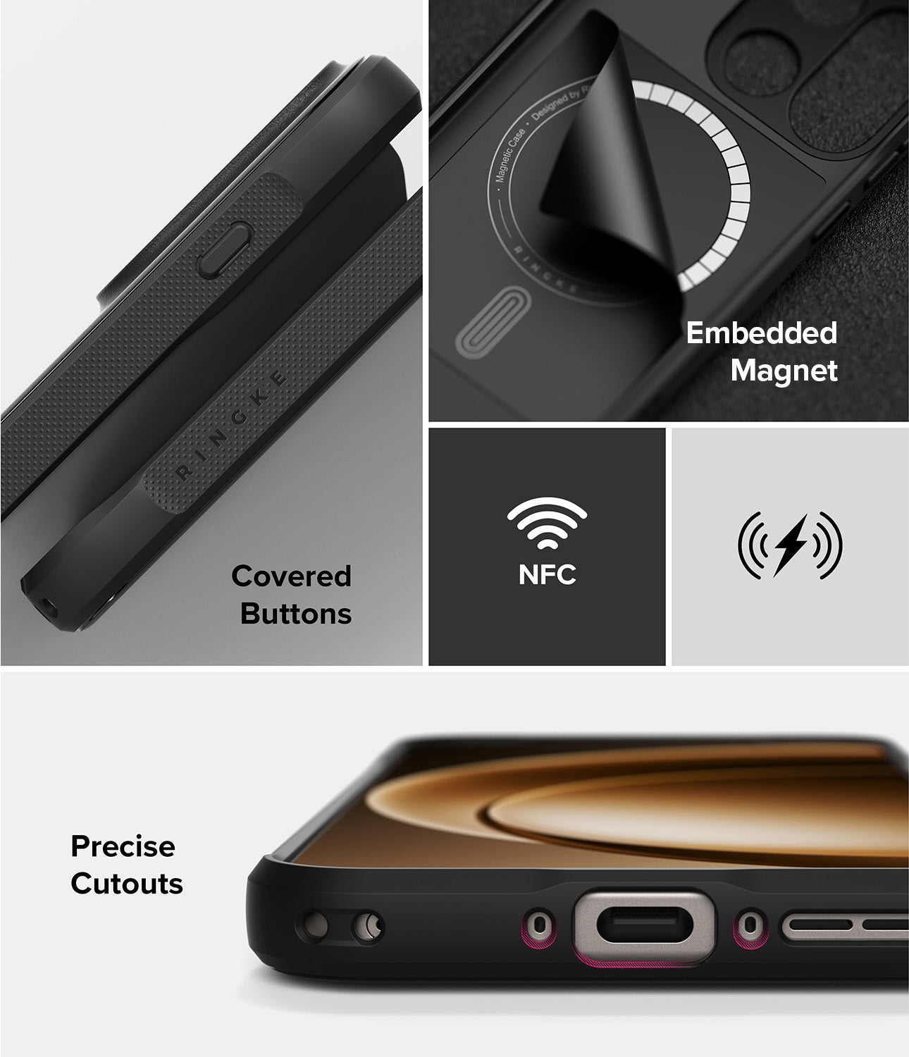 OnePlus 15 Onyx Magnetic Black on a various angle, showing various features | Covered Buttons, Embedded Magnet, Precise Cutouts, Compatible with NFC and Wireless Charging.