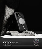 [Bundle] OnePlus 15 | Onyx Magnetic - OnePlus 15 | Onyx Magnetic - Black phone case with magnetic charger attached, resting against a rock on a white surface.