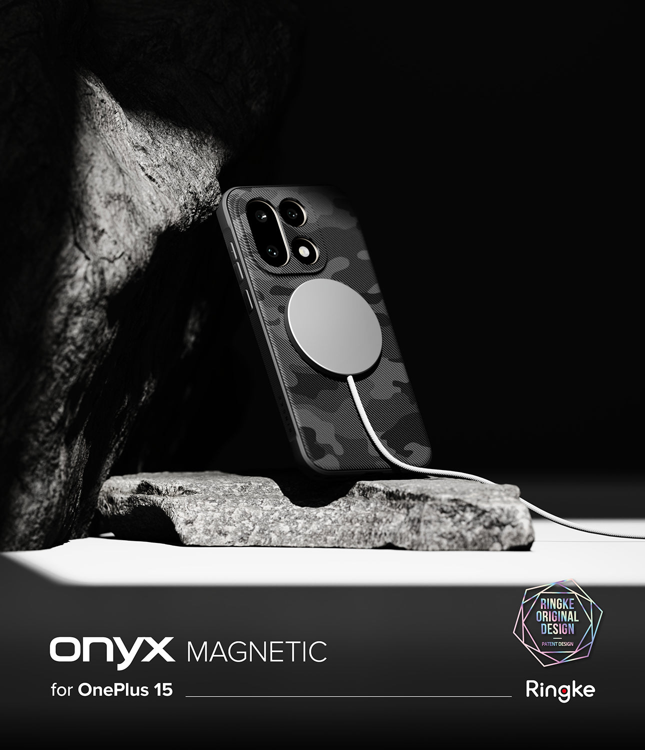 Onyx Magnetic Case for OnePlus 15 – Main image 2 showing the Camo Black case leaned against a rock.