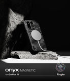 [Bundle] OnePlus 15 | Onyx Magnetic - OnePlus 15 | Onyx Magnetic - Camouflage OnePlus 15 case with a magnetic charging ring, resting against a textured rock.