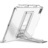 Outstanding | Tablet Stand - Three tablets in clear cases with purple, grey, and clear folding stands on a white surface.