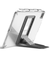 Outstanding | Tablet Stand - Three tablets in clear cases with purple and grey foldable stands displayed on a white surface.
