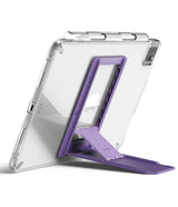 Outstanding | Tablet Stand - Three tablets in clear cases with purple and grey folding stands displayed on a white surface.