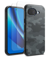 [Bundle] Google Pixel 10a Case | Onyx - Google Pixel 10a Case | Onyx - A black camouflage phone case with a screen protector on a smartphone with a blue screen.