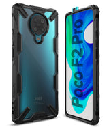 Redmi K30 Pro / Poco F2 Pro Case | Fusion-X - Rugged black protective case on a teal Poco F2 Pro phone, front and back view.