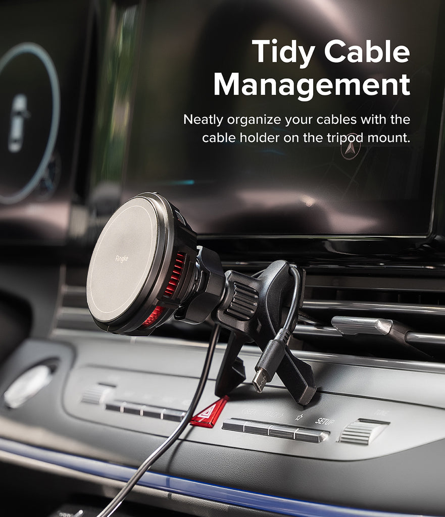 Ringke Peltier Magnetic Car Charger Mount - Tidy Cable Management. Neatly organize your cables with the cable holder on the tripod mount.