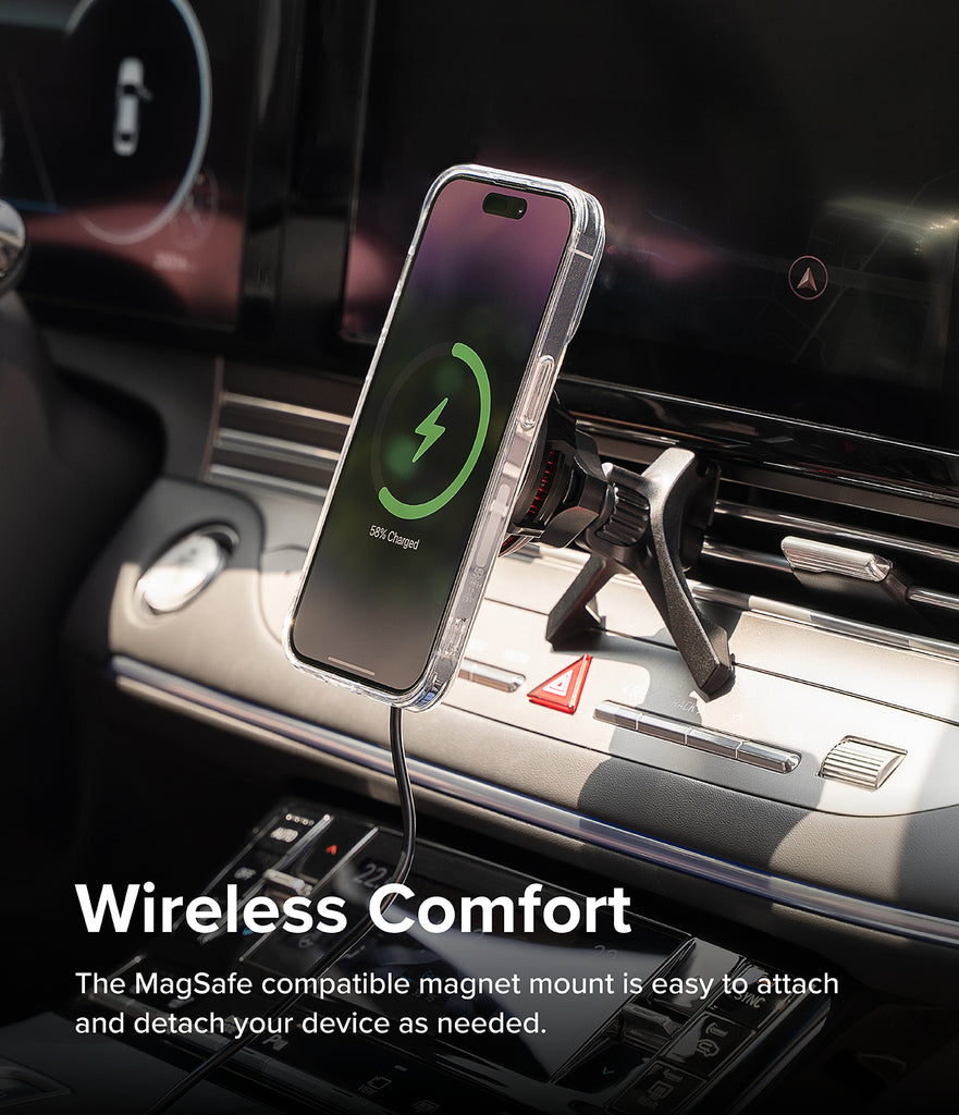 Ringke Peltier Magnetic Car Charger Mount - Wireless Comfort. The MagSafe compatible magnet mount is easy to attach and detach your device as needed.