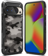 Google Pixel 10 Pro / 10 Case | Fusion-X - Rugged black phone case with camo back pattern shown from front and back.