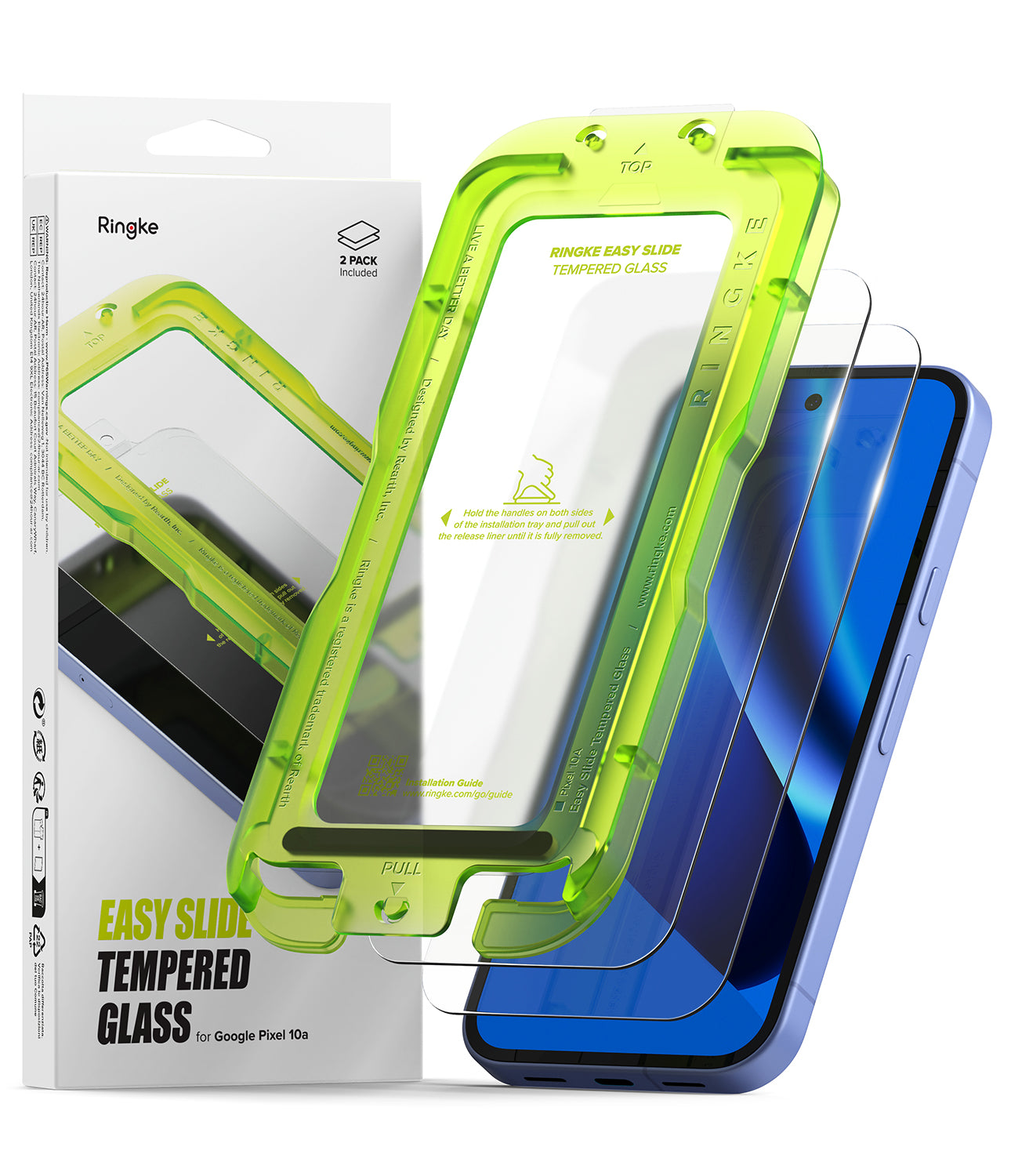 Google Pixel 10a Screen Protector | Easy Slide Tempered Glass - Ringke easy slide tempered glass screen protectors shown with a smartphone on a white background, including the retail box and two translucent green screen protectors positioned in front of a blue phone.