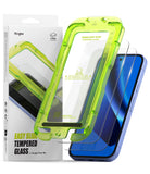 Google Pixel 10a Screen Protector | Easy Slide Tempered Glass - Ringke easy slide tempered glass screen protectors shown with a smartphone on a white background, including the retail box and two translucent green screen protectors positioned in front of a blue phone.
