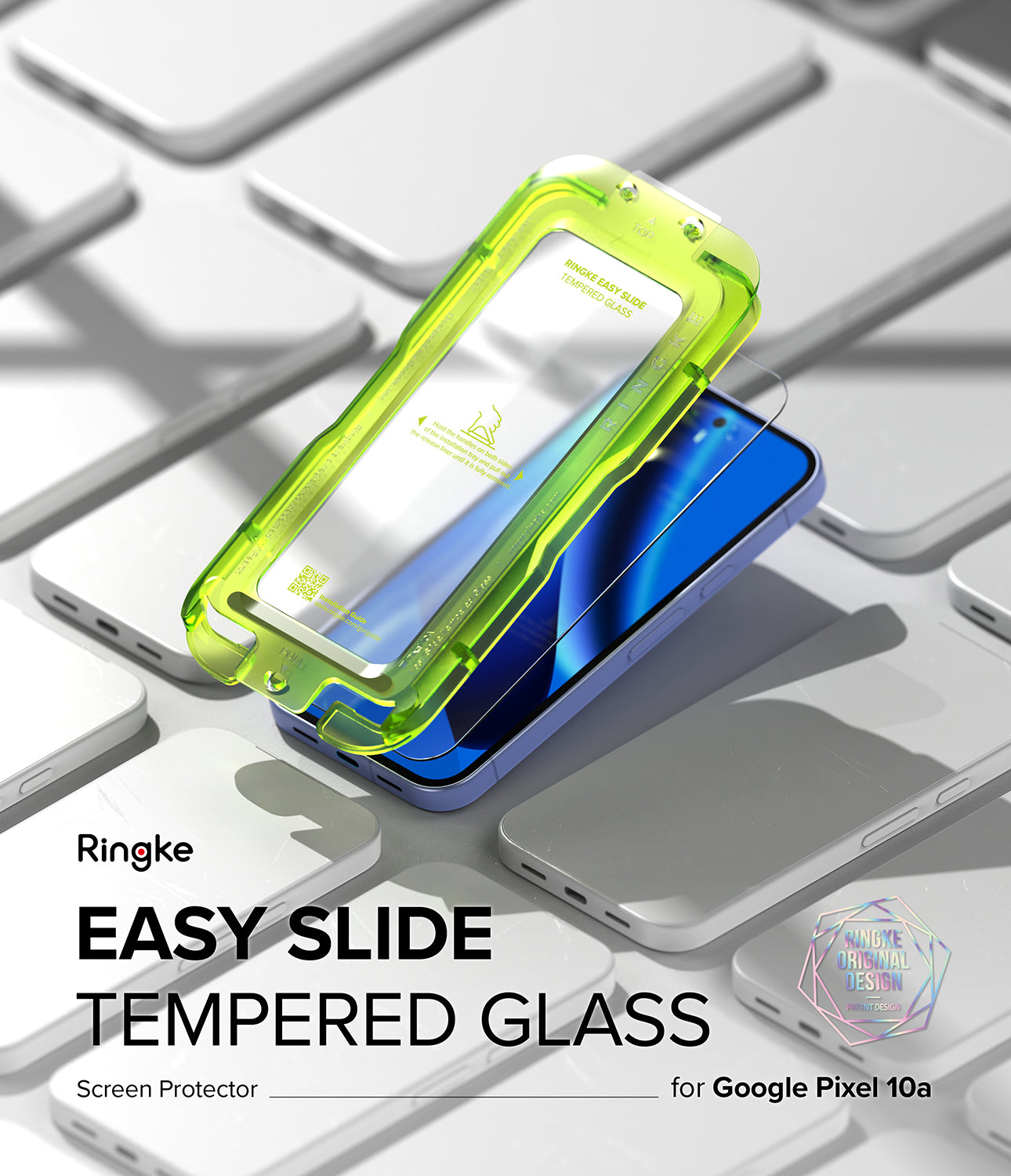 Google Pixel 10a Screen Protector | Easy Slide Tempered Glass - Ringke Easy Slide Tempered Glass screen protector shown in a translucent neon green protective sleeve, sliding off a blue Google Pixel 10a smartphone placed on a white keyboard.