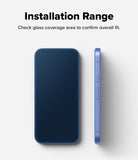 Google Pixel 10a Screen Protector | Easy Slide Tempered Glass - A blue smartphone case shown from the back and side on a light gray background, with text reading 'Installation Range' and 'Check glass coverage area to confirm overall fit.'.