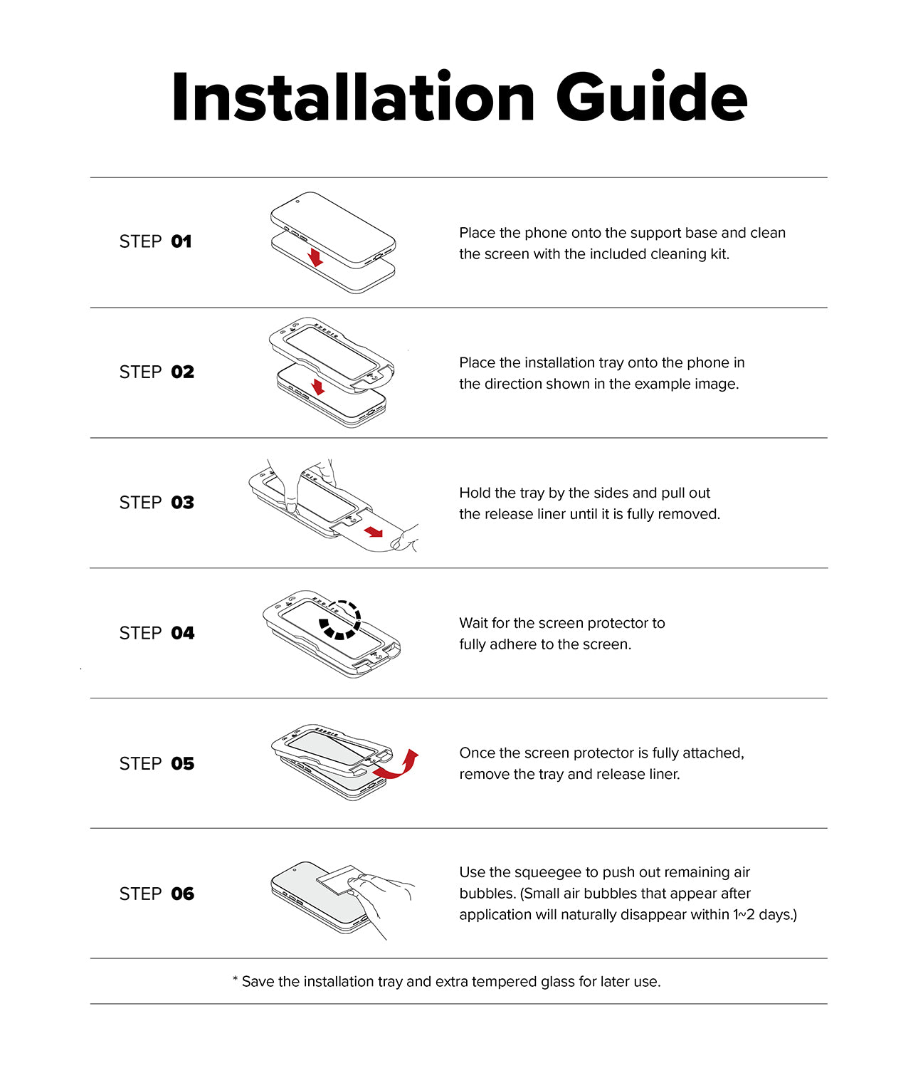 Google Pixel 10a Screen Protector | Easy Slide Tempered Glass - An installation guide sheet with six numbered steps showing how to place and attach a phone screen protector, with small line drawings and instructional text on a white background.