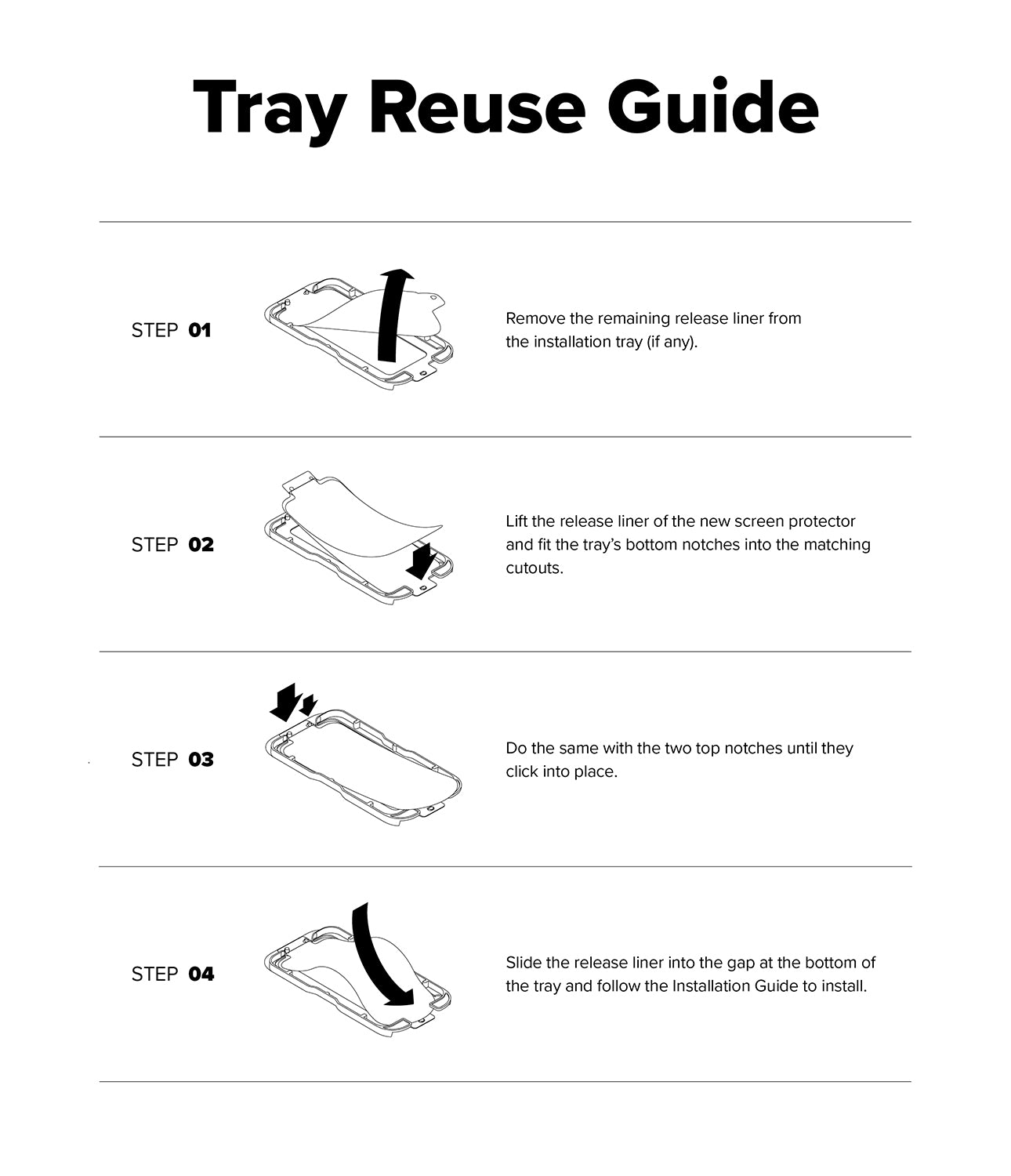 Google Pixel 10a Screen Protector | Easy Slide Tempered Glass - Tray Reuse Guide with step-by-step instructions on a white background