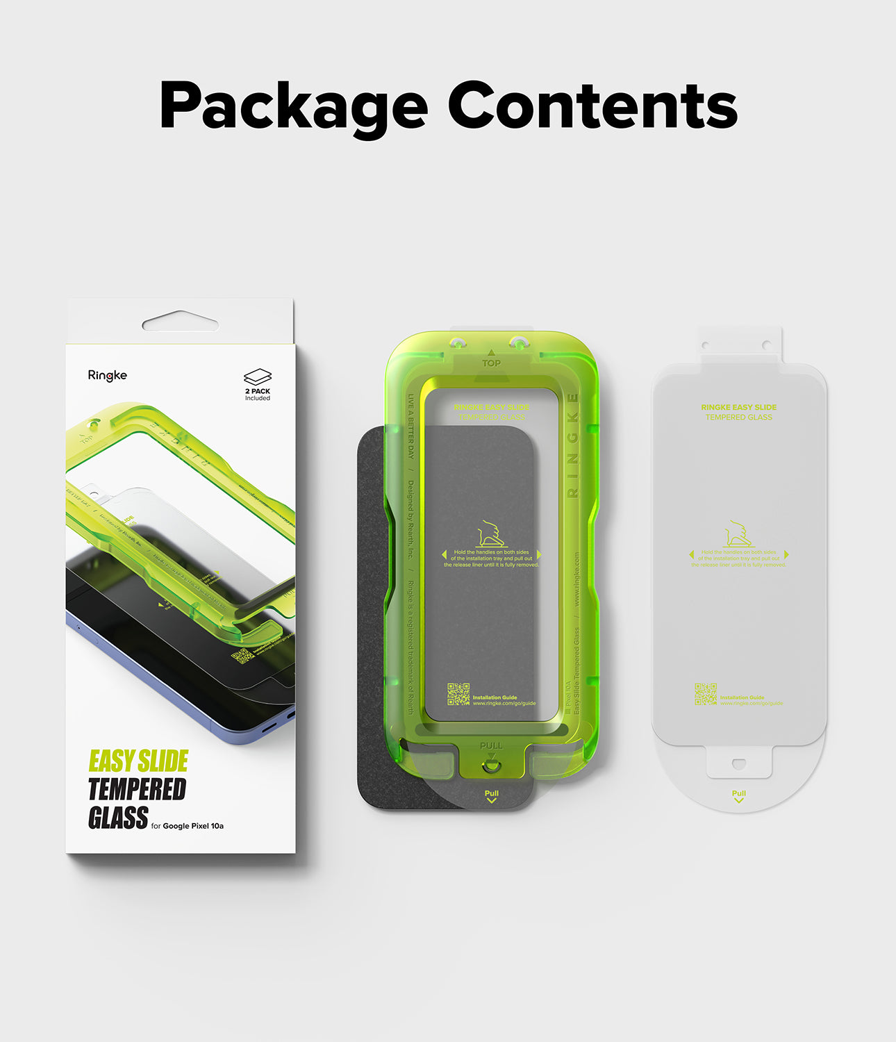 Google Pixel 10a Screen Protector | Easy Slide Tempered Glass - Package contents for an easy slide tempered glass screen protector, showing the retail box, a translucent green protective sleeve, and a white backing piece on a light gray background with the heading 'Package Contents'.