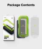 Google Pixel 10a Screen Protector | Easy Slide Tempered Glass - Package contents for an easy slide tempered glass screen protector, showing the retail box, a translucent green protective sleeve, and a white backing piece on a light gray background with the heading 'Package Contents'.