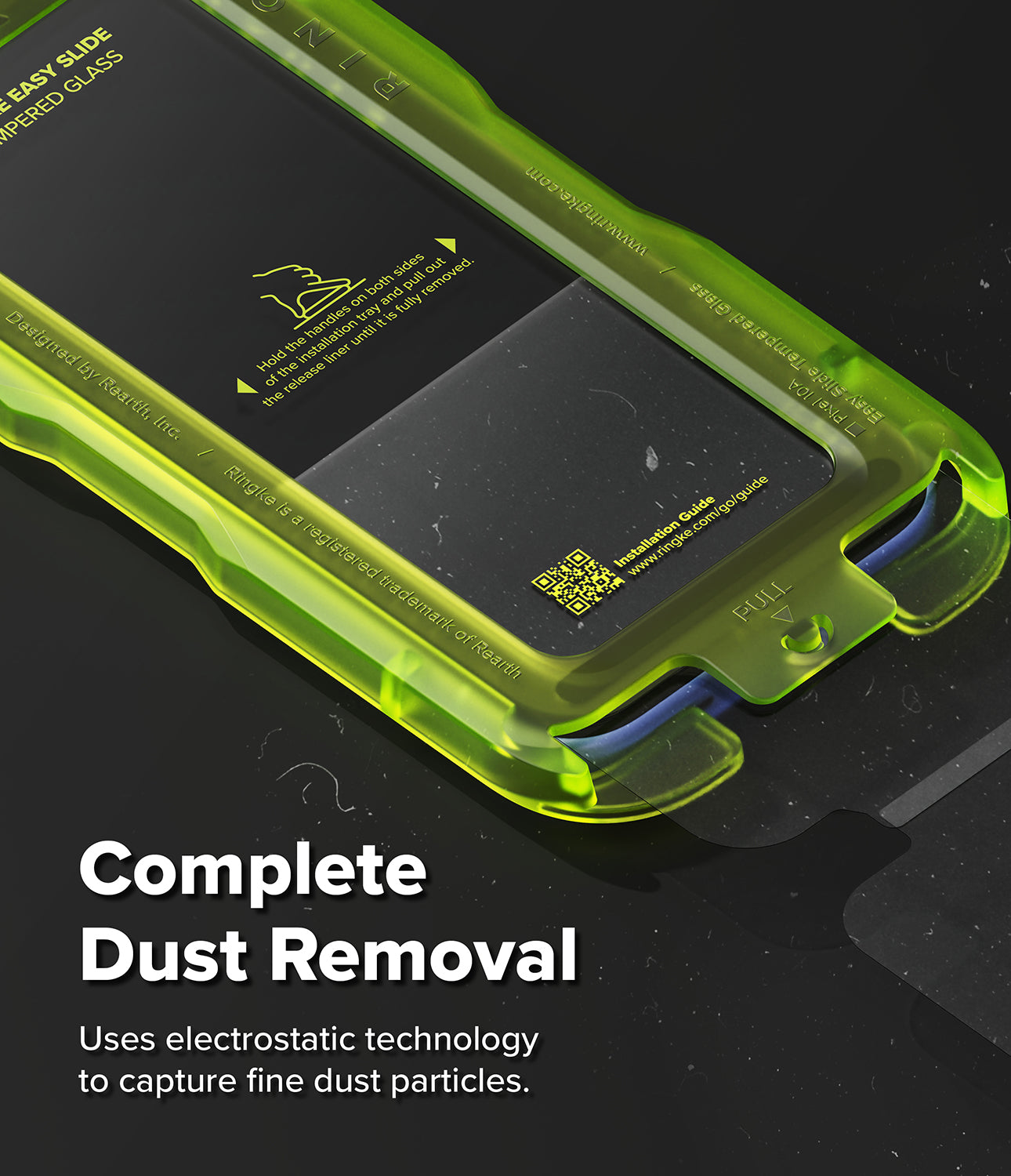 Google Pixel 10a Screen Protector | Easy Slide Tempered Glass - A close-up of a transparent lime green protective phone case with a black screen protector inside, on a dark reflective surface. White text at the bottom reads 'Complete Dust Removal' with smaller descriptive text below.